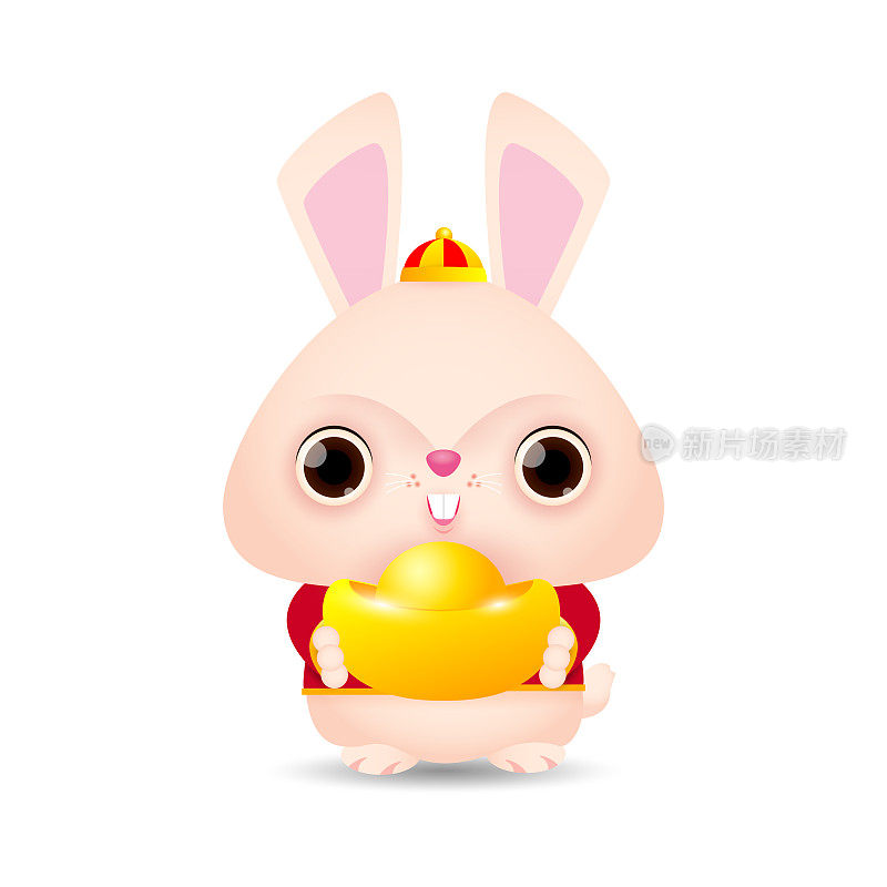 Happy Chinese new year 2023 greeting card, Cute Little rabbit holding Chinese gold Ingots, year of the rabbit zodiac, Little bunny gong xi发财，卡通孤立的白色背景矢量插图